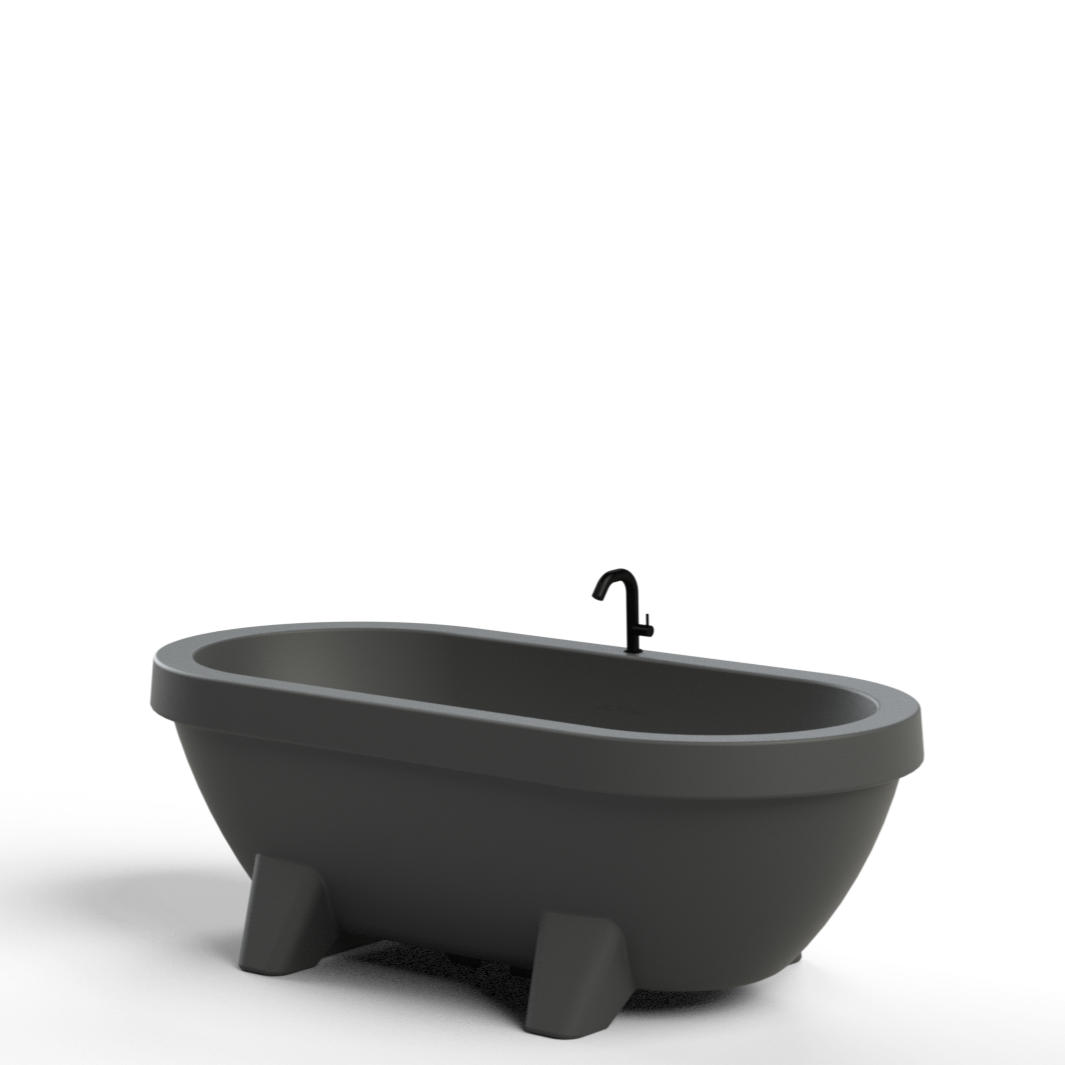 Product render of an Anthracite Gardentub with Matte Black Gardentub Tap
